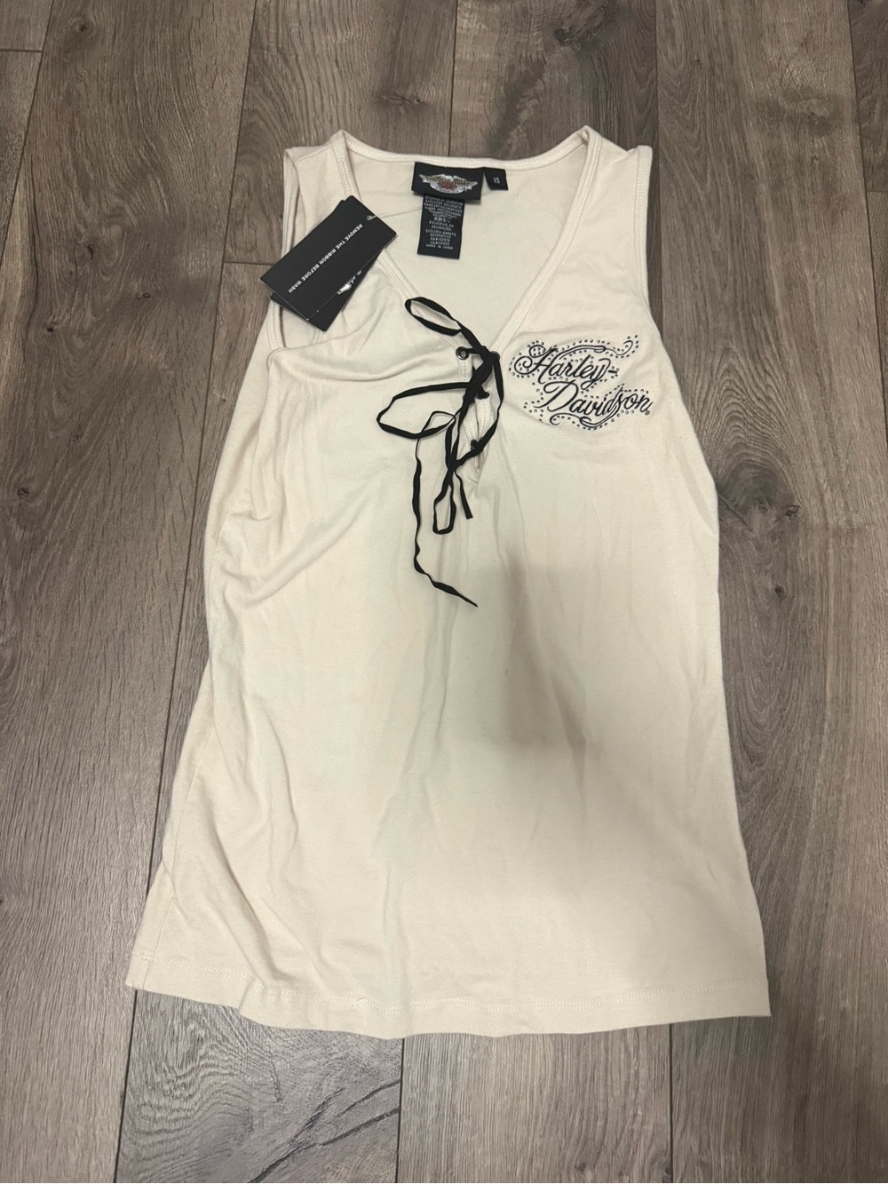 Harley-Davidson Women's Cream Tank Top with Black Lace-Up Detail